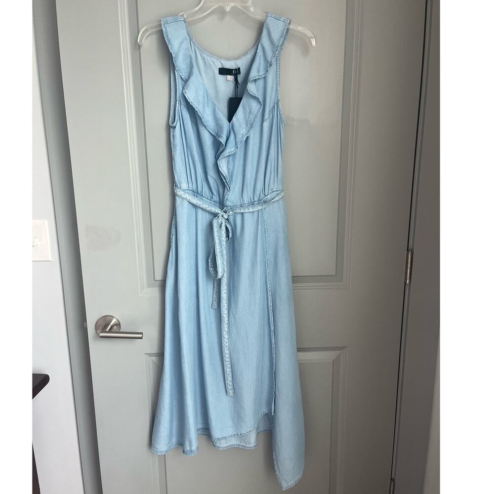 NWT KUT From The Kloth Dress Blue Chambray Ruffle Sleeveless Belt Casual Small - Picture 4 of 13